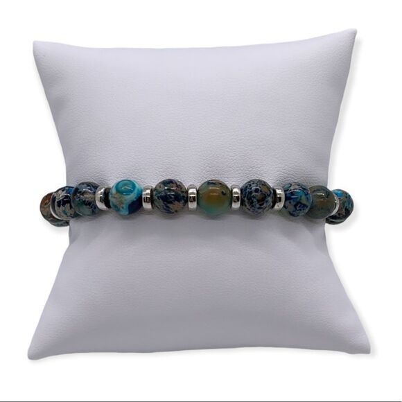 NWT Wool + Pepper Co. Blue Imperial Jasper & Silver Beaded Bracelet - Picture 1 of 4